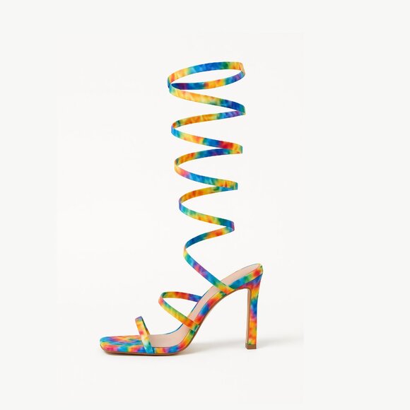 Tie-Dye Lace-Up Gladiator Heels | Rainbow Strappy High Sandals - Picture 1 of 5